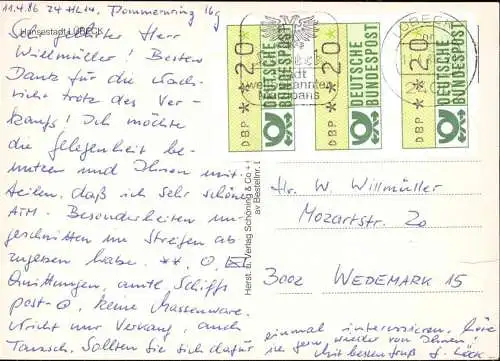 601538 | 3er Streifen der Automatenmarken auf Bedarfspostkarte  | Lübeck (W - 2400), -,