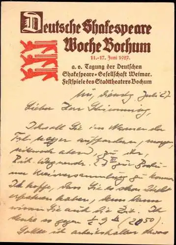 601549 | Seltene Werbekarte, Werbung für die deutsche Shakespeare Woche, Theater, Litertur  | Bochum (W - 4630), -,