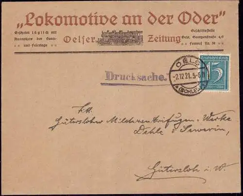 601556 | Schlesien, Briefumschlag "Lokomotive an der Oder", Oelser Zeitung | Oels, Stadt (Kreis Oels N.Schl.)