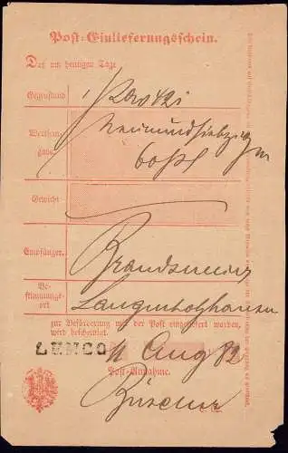 601560 | Post Einlieferungsschein, 1882, mit altem Formularstempel, nachverwendet  | Lemgo (W - 4920), -,