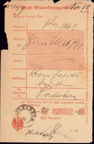601561 | Post Einlieferungsschein mit nachverwendeten Preussen Stempel | Aplerbeck (W 4600), Dortmund (W 4600)