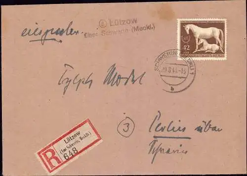 601564 | Mecklenburg, Postleitzahl vor 1945, Einschreiben Notstempel (3) | Lützow (O 2731), Schwerin (O 1601), Dümmer (O