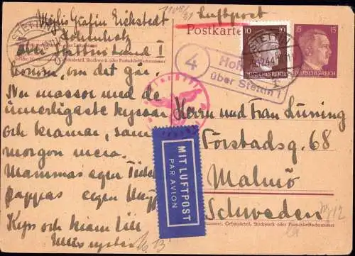 601566 | Ganzsache, Luftpost, Postleitzahl vor 1945, Landpoststempel mit PLZ (4)  | Stettin (Pommern), Hohenholz
