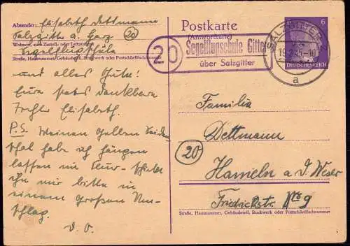 601573 | (20) Postleitzahl vor 1945, seltener Landpoststempel Segelflugschule Gitter  | Salzgitter (W - 3320), -,