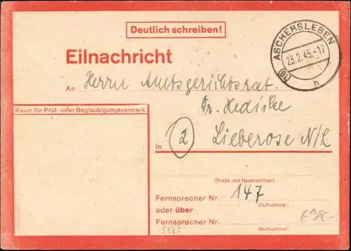 601574 | (19) Postleitzahl vor 1945, Eilnachricht nach Bombenangriffen auf die Stadt, Lebenszeichen | Aschersleben (O 43