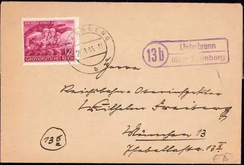 601578 | (13b) Postleitzahl vor 45, 1945 Ende des Krieges, Landpoststempel Unterbrunn 26.3.45  | Starnberg (W - 8130),