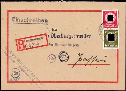 601579 | (13a) Postleitzahl vor 45, Dienstbrief, per Einschreiben, der Polizei  | Regensburg (W - 8400), -,