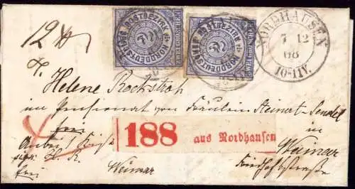 601582 | Norddeutscher Postbezirk (NDP), kleinformatiger Parketbegleitbrief  | Nordhausen / Harz (O - 5500), Weimar (O