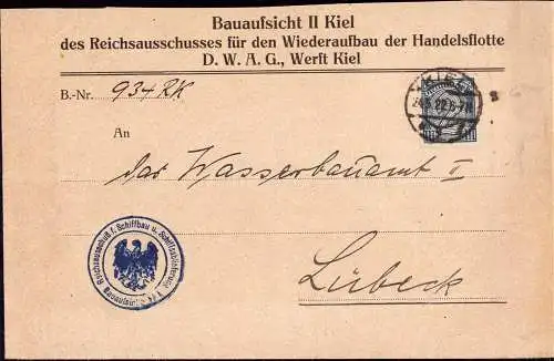 601584 | 1922, Schifffahrt, Dienstbrief Reichsausschuss für den Wideraufbau der Handelsflotte, DWAG  | Kiel (W - 2300),