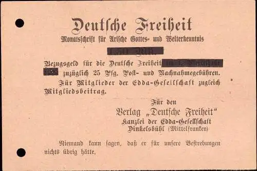 601585 | Nachnahme, Zeitung "Deutsche Freiheit" für Arische, Gottes und Welterkenntnis, Edda Gesellschaft | Dinkelsbühl