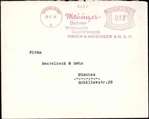 601589 | Brief, Freistempel der Firma Hager & Meisinger, Bohrer, Industrie, Technik  | Düsseldorf (W - 4000), -,