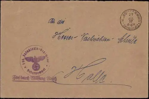 601590 | Militaria, 1937 Dienstbrief, Frei durch Ablösung, 109. Infanterie Regiment vom Truppenübungsplatz | Münsingen (