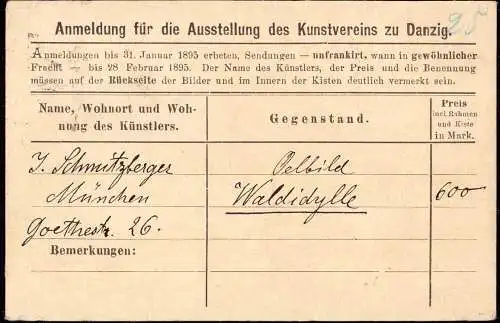 601639 | Anmeldung 1895, Bild des Malers  J. Schmitzberger zur Ausstellung des Kunstverein | Danzig, München