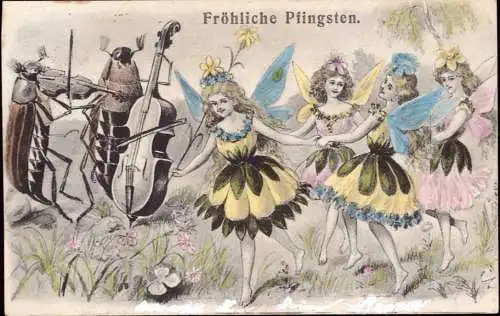 601642 | Ansichtskarte Glückwunschkarte Pfingsten, Musik, Kontrabass, Double Bass, Geige, vermenschlichte Tiere  |