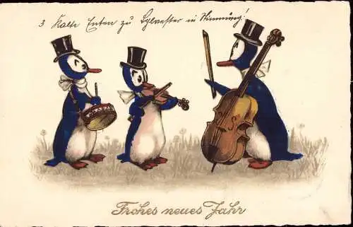 601643 | Ansichtskarte Pinguin, Musik, Kontrabass, Double Bass, Geige, vermenschlichte Tiere  | -, -,