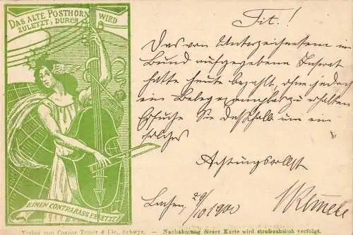 601644 | Ansichtskarte Musik, das alte Posthorn wird durch Kontrabass ersetzt, Double Bass,  | Lachen SZ, Schweiz