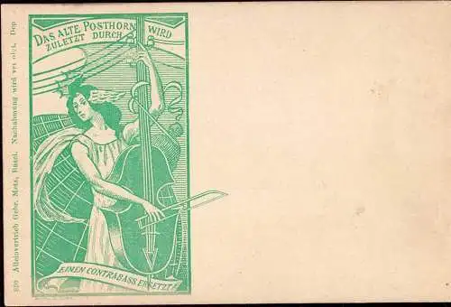 601645 | Ansichtskarte Musik, das alte Posthorn wird durch Kontrabass ersetzt, Double Bass,  | Lachen SZ (CH - 8853 Schw