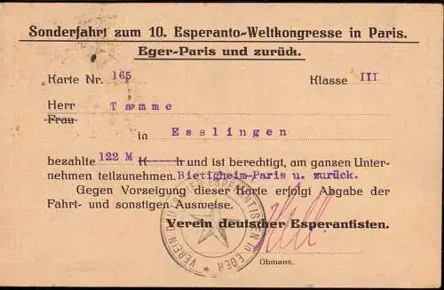 601647 | Fahrschein Eisenbahn Esperanto Weltkongress  | Bietigheim (W - 7555), Paris;Seine (F 75001 Frankreich),