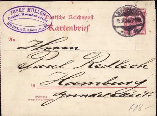 601651 | Niederschlesien, Kartenbrief mit Absender Dampf Kornbrennerei Josef Müller, Klostergasse | Breslau,