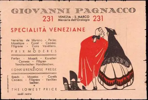 601653 | dekorative Geschäftskarte Giovanni Pagnacco, Perlen, Korallen, Trachten, Venedig, Venezia, San Marco  |