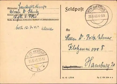 601661 | 26.6.1945, Notganzsache, Bericht von Flucht und auf der Suche nach dem Vater ihres Mannes aus Swinemünde | Wyk