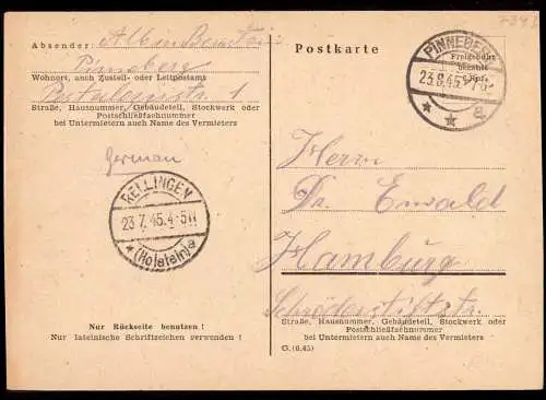 601662 | 23.7.1945, Notganzsache | Rellingen (W 2084), Pinneberg (W 2080)