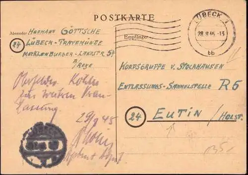 601663 | 23.7.1945, Notganzsache an die Entlassungs - Sammelstelle der Korpsgruppe Stockhausen  | Lübeck, Eutin