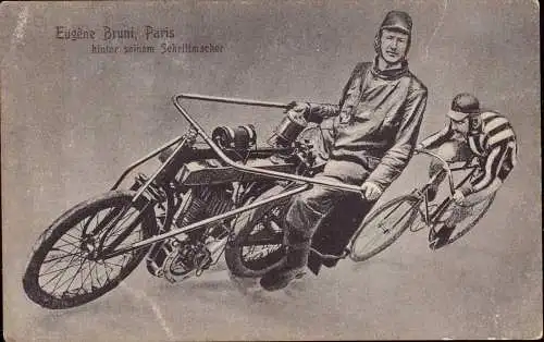 601677 | Ansichtskarte Fahrrad, Motorrad, Radsport, Steher, Motor-paced racing, Eugene Bruni  | -, -,