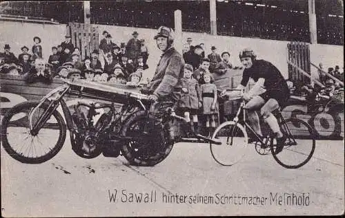 601678 | Ansichtskarte Fahrrad, Motorrad, Radsport, Steher, Motor-paced racing, W. Sawall  | -, -,