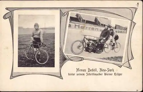 601681 | Ansichtskarte Fahrrad, Motorrad, Radsport, Steher, Motor-paced racing, Menus Bedell  | -, -,