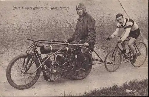601691 | Ansichtskarte Fahrrad, Motorrad, Radsport, Steher, Motor-paced racing, Jules Miquel  | -, -,