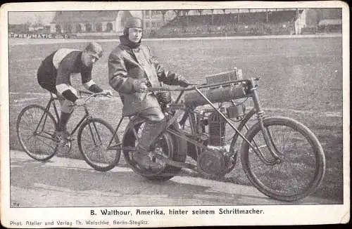 601697 | Ansichtskarte Fahrrad, Motorrad, Radsport, Steher, Motor-paced racing, B. Walthour  |
