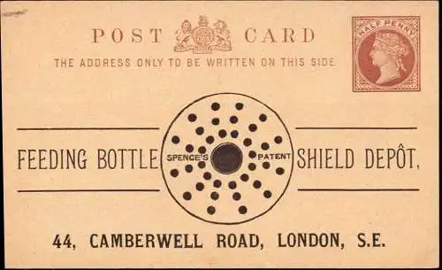 601702 | Grossbritannien, Ganzsache Zudruck "Feeding Bottle Shield Depot, London", Kind, Nahrung, Baby  | -, -,