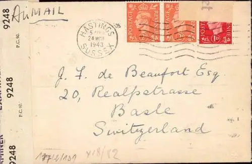 601710 | Brief aus Hastings, Sussex, 1943, Leitweg über Portugal und die deutsche Zensurstelle Paris in die Schweiz  |