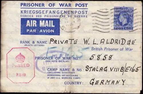 601724 | Oberschlesien, Ganzsache Kriegsgefangenenpost POW Zensur, Stalag 8B, Britenlager | Lamsdorf (Kreis Falkenberg O