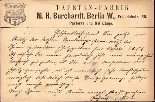 601856 | Innendekoration, Vorläuferkarte 1882, Firmenlogo der Tapetenfabrik M. H. Burchardt, Friedrichstr  | Berlin (W