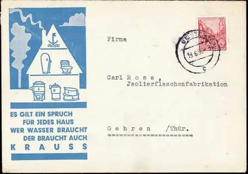 601930 | Brief 1956, Werbung Krauss Werke, Schwarzenberg in Sachsen, Firmenlogo von Wilhelm Deffke  | Güsten (O - 3256),