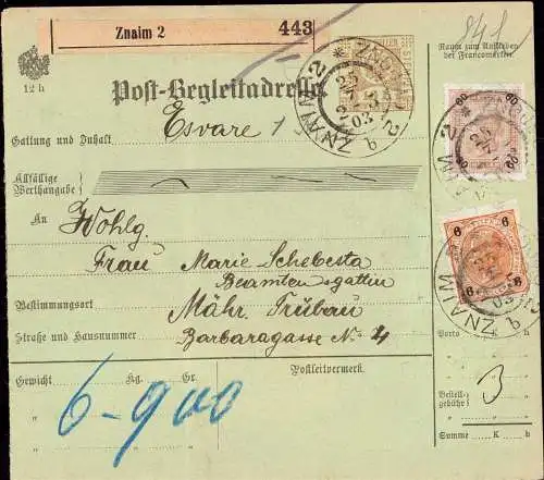 601934 | Österreich, Post Begleitadresse mit Nachportomarke für die Zustellung | Znaim, Mährisch Trübau