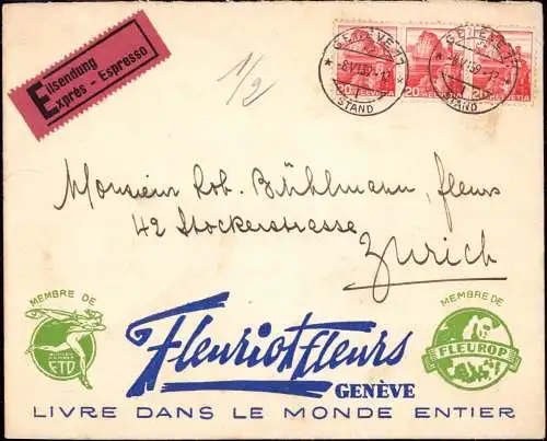 601938 | Fleurop, Blumen, Werbung (1939) dekorativer Brief der Firma Fleuriotfleurs | Geneve (CH 1200 Schweiz)