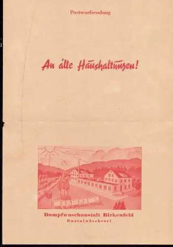 601942 | Postwurfsendung, 1952, an alle Haushaltungen der Dampfwaschanstalt, Enztalwäscherei bei Pforzheim | Birkenfeld