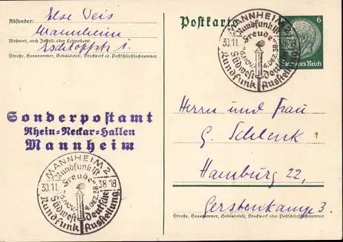 601950 | Ganzsache mit Innendienststempel des Sonderpostamt zur Rundfunk Ausstellung 1938  | Mannheim (W - 6800), -,