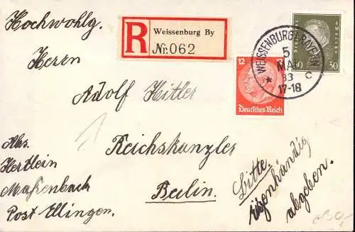 601953 | Brief an Hitler persönlich, eigenhändig abgeben  | Weißenburg in Bayern (W - 8832), -,