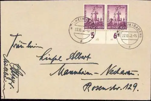 601955 | Brief frankiert mit Pärchen der Peter Henlein Marke vom unteren Bogenrand, Uhr  | Müllheim (W - 7840), -,