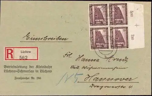 601960 | überfrankierter Brief, frankiert mit Viererblock, der Kleinbahn Lüchow - Schmarsau  | Lüchow (W - 2411), Lemgow