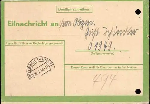601961 | Eilnachrichtenkarte vom 16.7.44, gelocht, "sind gesund und haben unser Heim noch" Luftkrieg  | Fellbach (W - 70