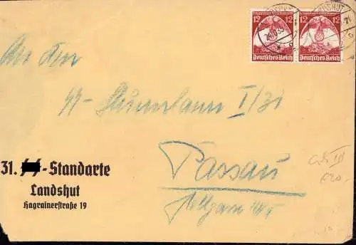 601963 | Brief der 31. SS Standarte nach Passau, Erh.3. R.S. beschädigt  | Landshut (W - 8300), -,