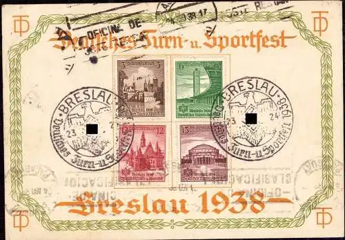 601966 | Souvenirkarte mit Sonderstempel vom Deutschen Turn und Sportfest 1938 gelaufen nach Paraguay! | Breslau