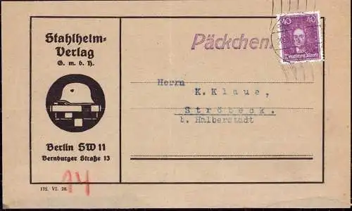 601968 | Päckchenausschnitt mit Logo des Stahlhelm Verlag, Propaganda | Berlin (W 1000)