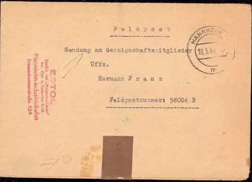 601970 | Feldpost, Sendung an Gefolgschaftsmitglieder der Firma Estol, Margarine Union, Erh. 3, gelocht  | Mannheim (W