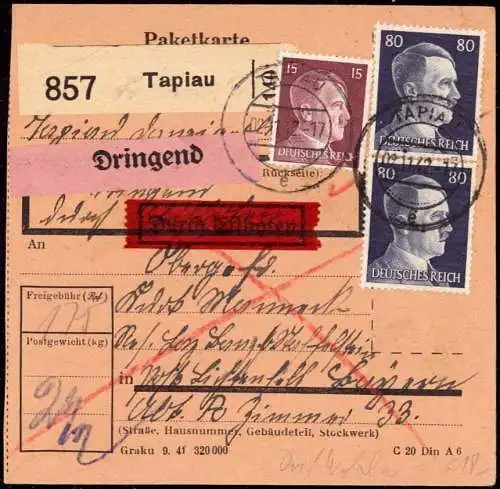 601982 | Ostpreussen, Gwardeisk, Paketkarte per Eilboten an Militäradresse Lazarett | Tapiau (Wehlau OP), Lichtenfels (W